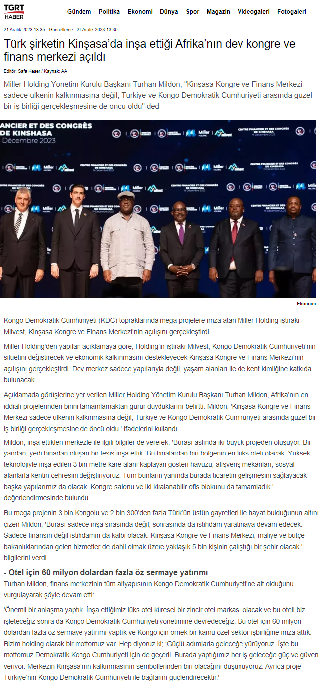 Tgrt Haber - Türk şirketin Kinşasa’da inşa ettiği Afrika’nın dev kongre ve finans merkezi açıldı